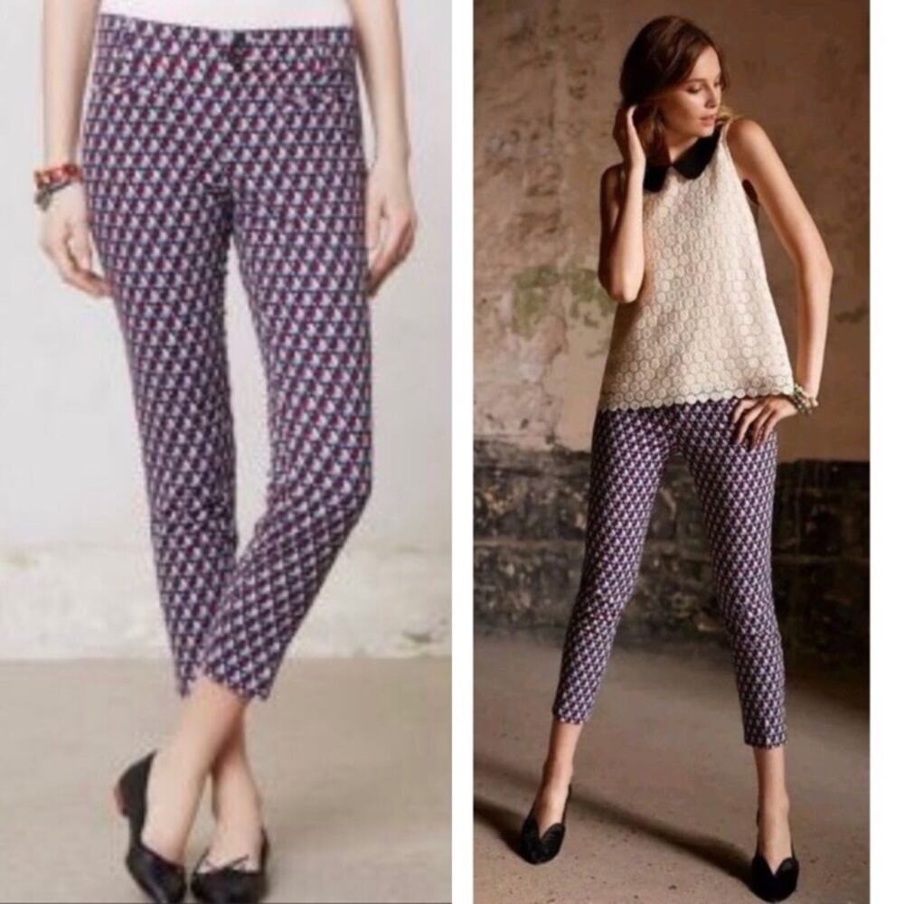 Anthropologie Cartonnier Charlie Ankle Circle Print Blue/White Ankle Pants